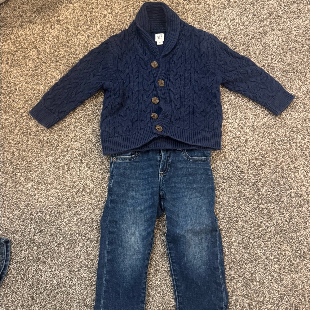 GAP Navy Cable-Knit Shawl-Collar Cardigan and jeans